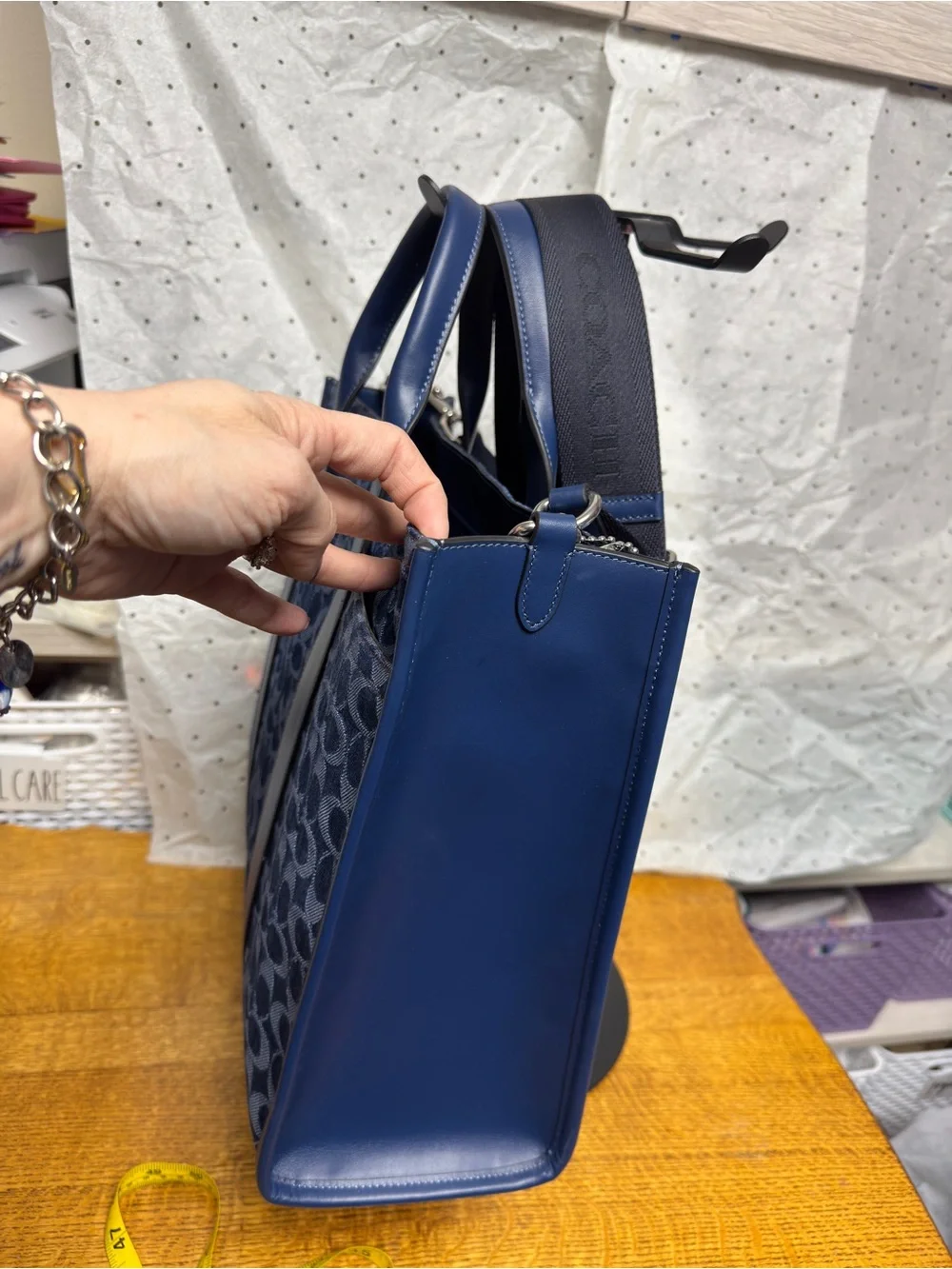NEW Coach Wesley Blue denim Signature Monogram Tote with Leather Trim
